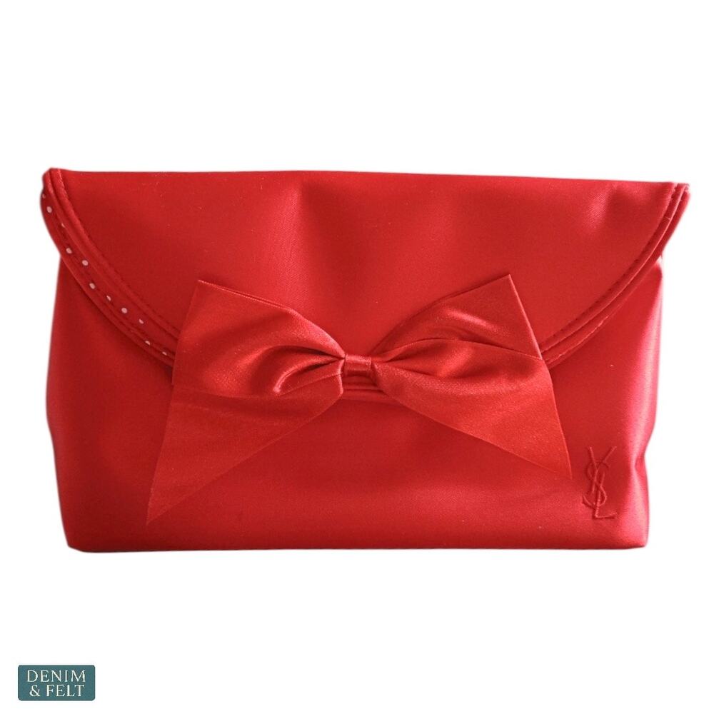 Yves Saint Laurent Coral Satin Bow Cosmetic Clutch Gift with Purchase Chic‎ Bag